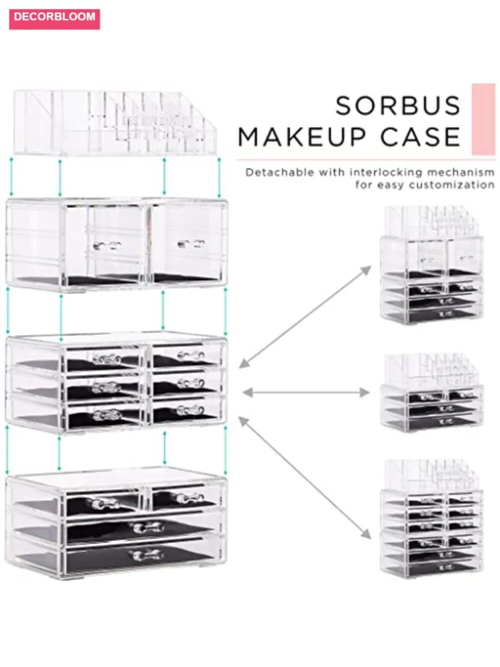 Clear 12-Drawer Stackable Makeup Organizer with Lipstick Holder